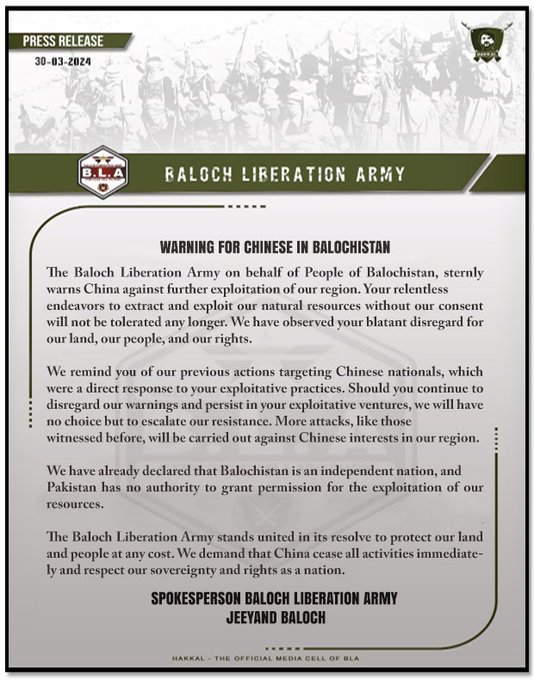 #Baloch Liberation Army strongly warns China against further exploitation of our neighborhood on behalf of the people of #Balochistan.
#FreeBalochistanMovement  #SaveBalochWomen #pak_loss567billions #SeharKhan #IsraeliNazis #PetrolDieselPrice #poupettekenza @MahrangBaloch_