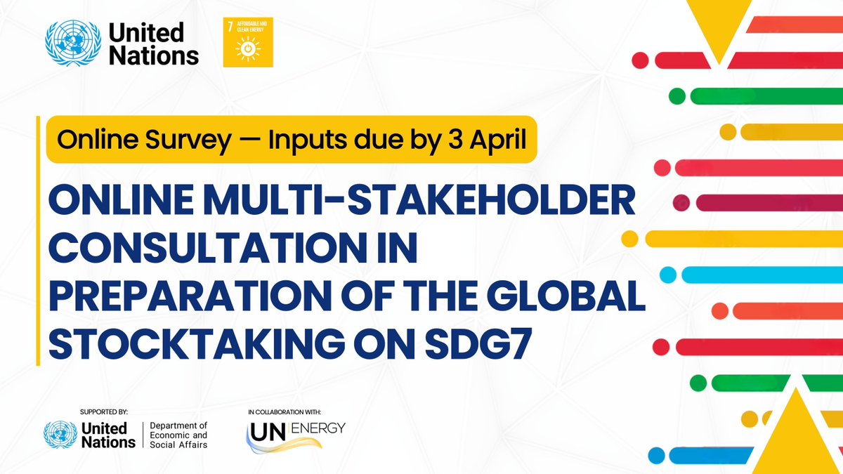 🚨 Last chance 🚨 Contribute to the Global Stocktaking on SDG7 by sharing your expertise and perspectives contributing to the global Call to Action. #SDG7 #UNGASustainabilityweek Deadline: April 3 Submit your inputs here: bit.ly/SDG7GST