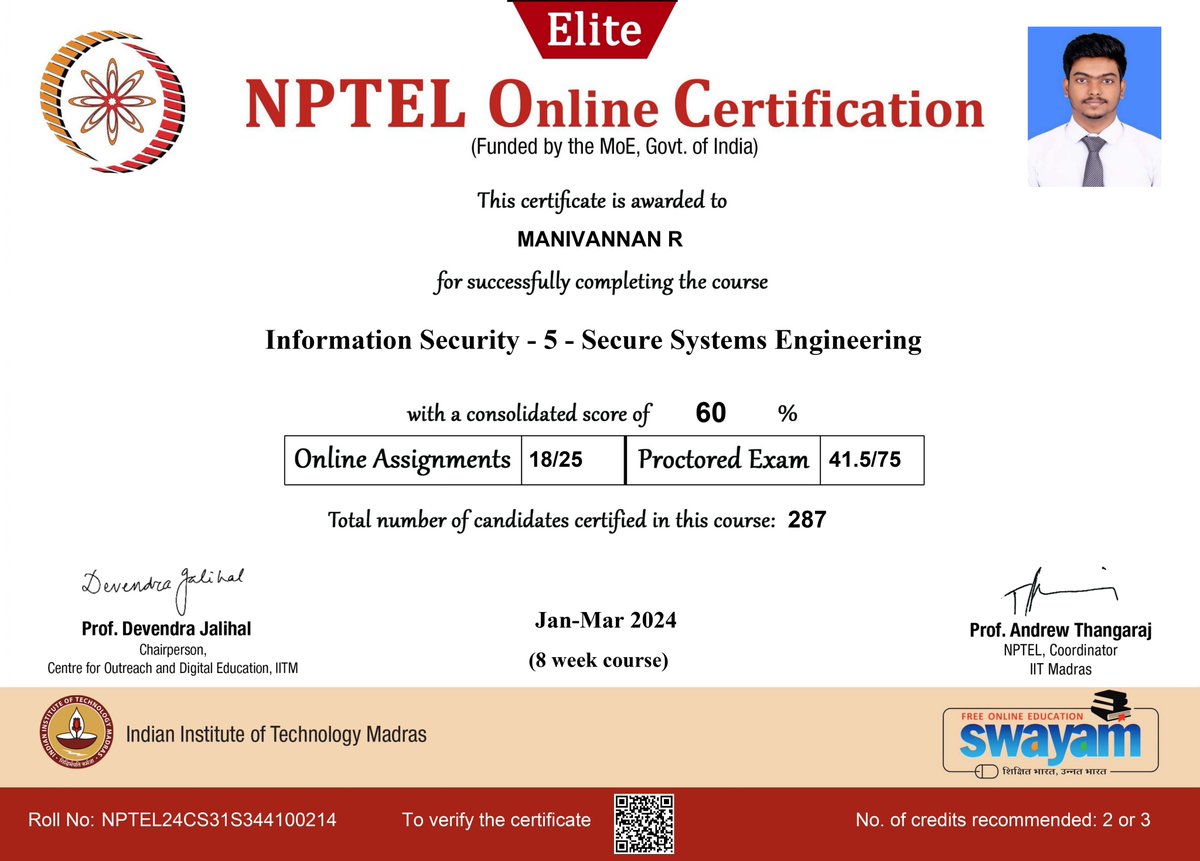 Department of Computer Science and Applications-MCA
We are happy to share that our I MCA students 
1. Manivannan R          
2. Vinodhini D
3. Keerthiga C
have successfully completed the NPTEL course 
Information Security -5-Secure Systems Engineering
#fshramapuram
#srmramapuram