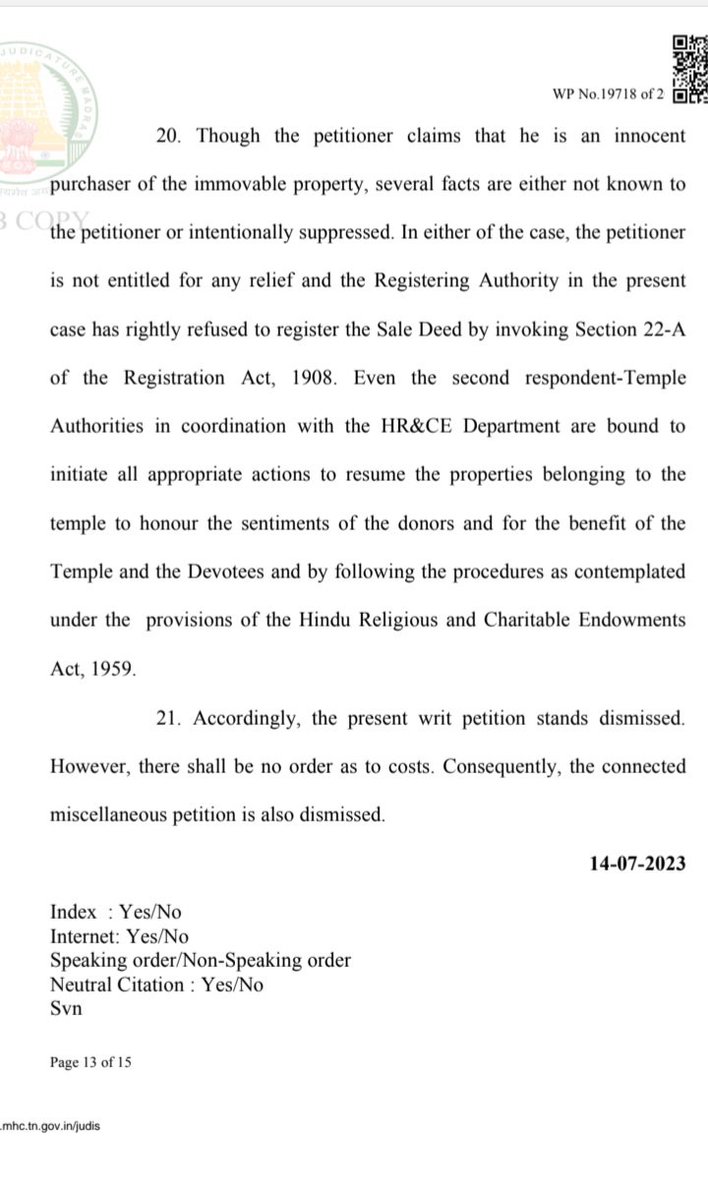 Doctrine of Caveat Emptor: Buyer of goods must be responsible, perform due diligence before purchasing goods. Buyer is expected to be alert in a contract of sale. Honb’le Judge categorically dismissed petitioner's claim to register Agastheeswarar Temple land sale. Details soon.