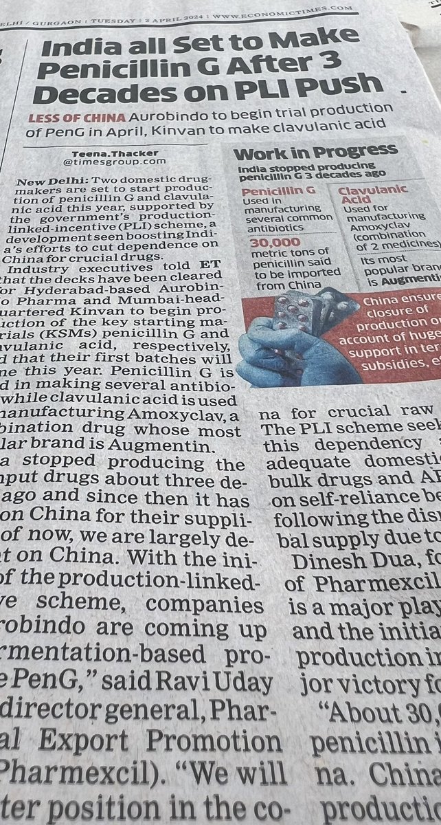 PLI has enabled Pencilling G and Clavulanic Acid to be manufactured in India . India stopped producing the two input drugs three decades ago and was totally dependent on China for their supplies. This is a major breakthrough in domestic manufacturing of active pharmaceutical