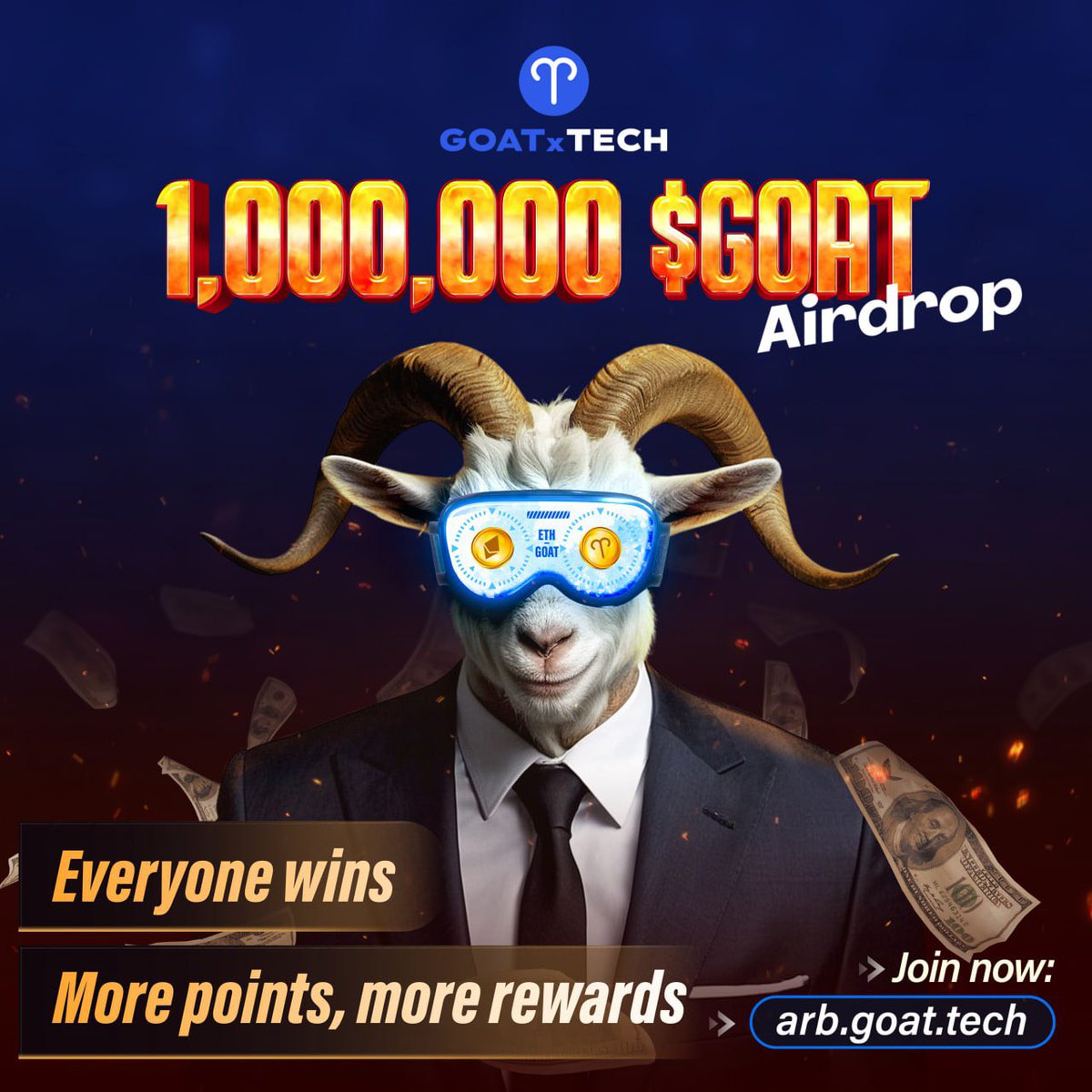 ￼'1,000,000 $GOAT' Airdrop - ￼arb.goat.tech ￼Prize: 1,000,000 $GOAT to share. All eligible participants win with more points, more rewards. ￼Introducing Goat.Tech - First Gamified On-chain Reputation with Native Yield to earn $ETH ￼ and $GOAT ￼