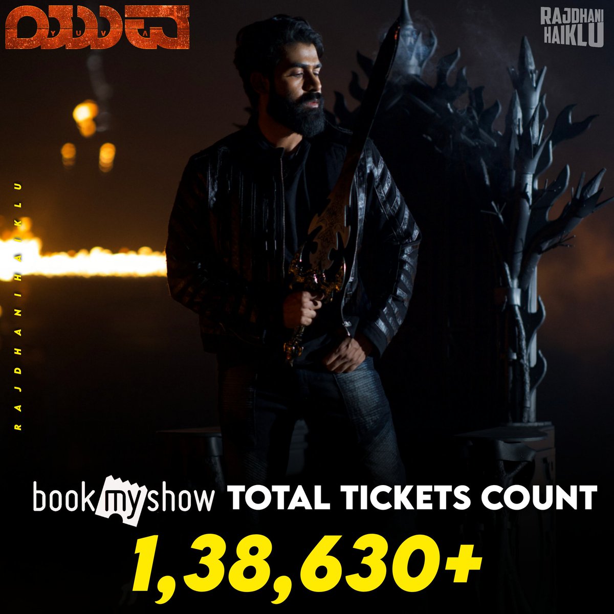 RajdhaniHaiklu's tweet photo. 1,38,630+ Tickets count from #BookMyShow for #Yuva 💥
#AppuLiveson #YuvaRajkumar #SapthamiGowda #HombaleFilms #SanthoshAnanddram #anandaaudio #RajdhaniHaiklu https://t.co/JZivBWVl3n