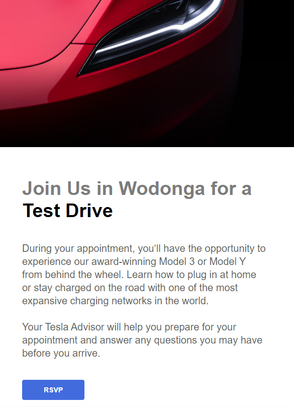 Umm.. WOW!! 

Tesla are offering Test Drives in my regional VIC city of Wodonga on 4–5 Apr 2024 @ 10AM – 4PM.

Test Drive Model 3 or Model Y at our Wodonga Supercharger.

Experience one of the safest cars in the world and learn how to charge at home and on the road.

To register…