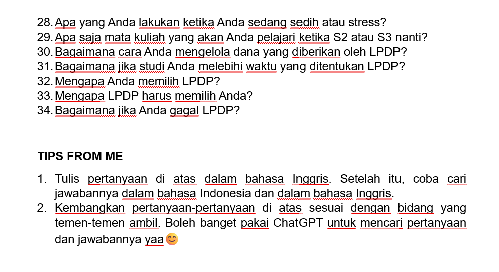 astrohfvd15's tweet photo. ‼️ LIST PERTANYAAN SIMULASI WAWANCARA LPDP 2024 ‼️

Hari ini aku coba buat list pertanyaan simulasi wawancara LPDP 2024 nih temen-temen. Nanti temen-temen bisa kembangin sendiri sesuai bidang temen-temen yaa…🙂

Semoga bermanfaat yaa temen-temen dan good luck all!! 🤩💪🔥 https://t.co/xBNH5YkbeU