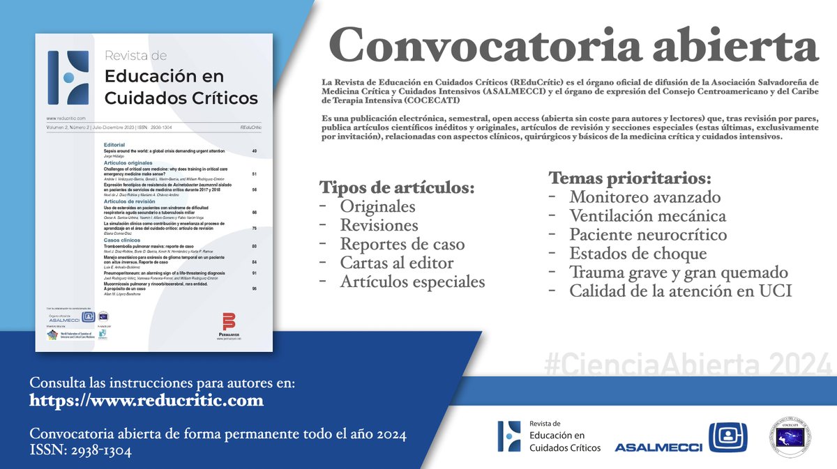 ASALMECCI's tweet image. 📘 👩‍⚕️ #CONVOCATORIA 👨‍⚕️📘

¿Quiere publicar en la Revista #REduCritic?

Como revista #OpenAccess recibimos manuscritos todo el año, consulte las instrucciones para autores en reducritic.com

#CienciaAbierta #DescargoLeoCompartoCiencia