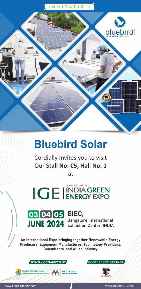 🌞 Exciting news! Join us at the India Green Energy Expo, 3-5 June 2024 at @BIECentre. Discover cutting-edge solar solutions by Bluebird Solar, India's leading solar panel manufacturer with over 40 years of expertise. Don't miss out! #RenewableEnergy #SolarPower #MohamedMediaBuzz