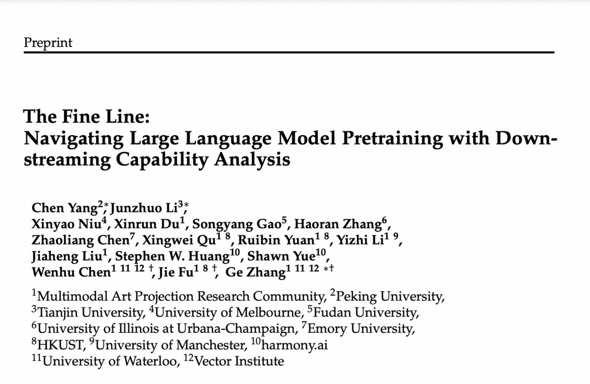 [1/n] 🎉🎉🎉 Excited to share our latest work: 'The Fine Line: Navigating Large Language Model Pretraining with Down-streaming Capability Analysis'! We delve into the dynamics of LLMs across different scales and domains. 💡Highlights include: 🗺️ Comprehensive Model Evaluation: