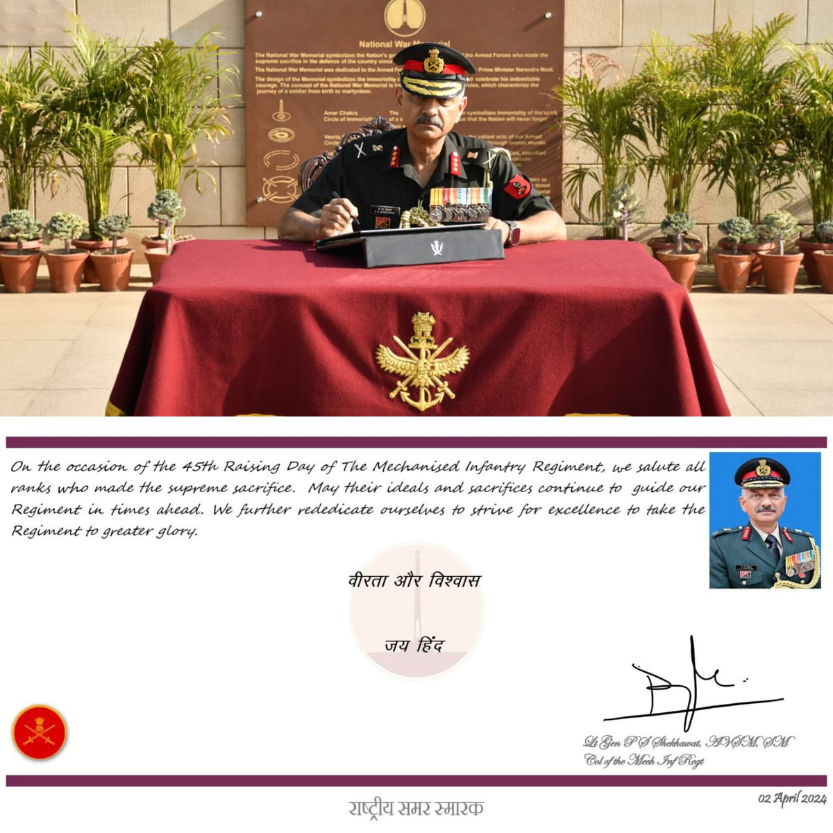 On the occasion of 45th Raising Day of Mechanised Infantry, Lt Gen PS Shekhawat, AVSM, SM & Col of the Mech Inf Regt, on behalf of all ranks and #veterans laid wreath and paid homage to #Bravehearts at #AmarJawanJyoti in a solemn wreath-laying ceremony at #NationalWarMemorial.