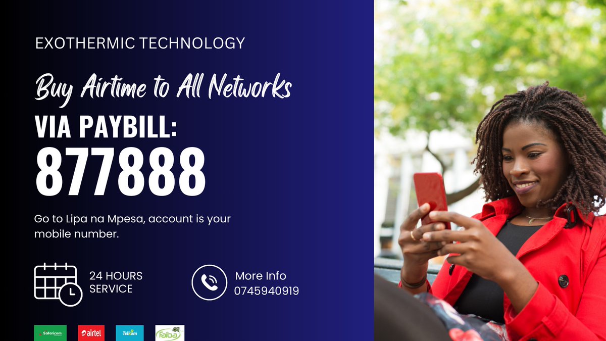 Easiest PAYBILL to Top up your Telkom,Airtel,Faiba & Safaricom via MPESA Simply ↘️Lipa na Mpesa ➡️PAYBILL 877888 ☑️Account is Mobile Number of the Line to top up 📞0745940919 For More Chavakali Boys High School Davido Makena Murkomen Ombachi Nairobians Sakaja Joho Monica Kimani