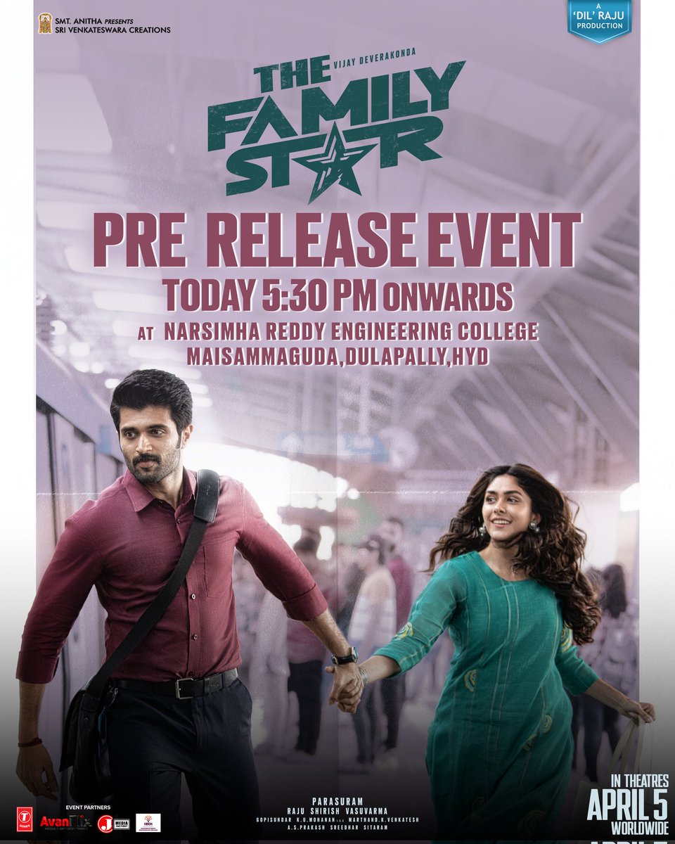 It's celebrations time 💥💥💥 #TheFamilyStar grand Pre-Release Event today 🤩 Watch Live here! - youtube.com/live/5D2Sa46g3… Venue: Narsimha Reddy Engineering College, Maisammaguda, Hyderabad. From 5.30 PM onwards 💥 📍g.co/kgs/u852t3m #TheFamilyStarOnApril5th…