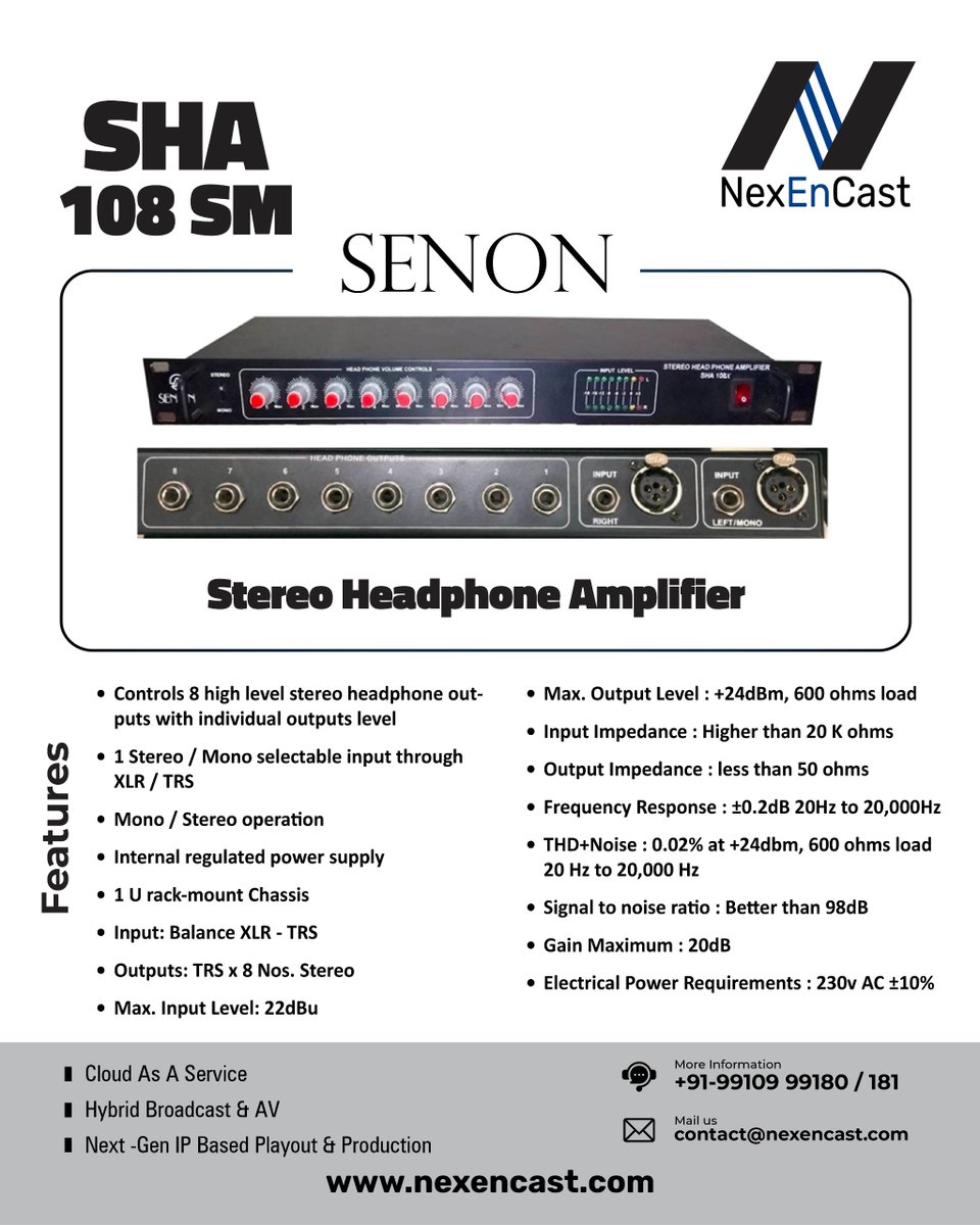 SENON SHA 108 SM
Stereo Headphone Amplifier

#setronindia #senon #sha108 #stereo #headphones #amplifier #nextgen #broadcast #nexencast