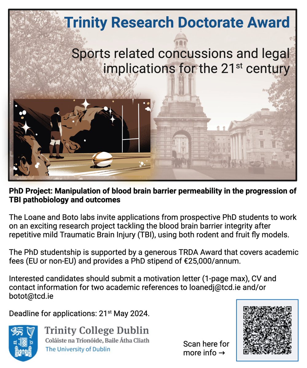 Prof. Tamara Boto @TamaraBoto & I are looking for a PhD student to join us to investigate BBB dysfunction in repetitive mTBI🧠 This is part of a new @tcddublin PhD training programme on sports related concussion with @mattcampbelltcd @SDoyleTcd @gastaut @NollaigBourke Info👇