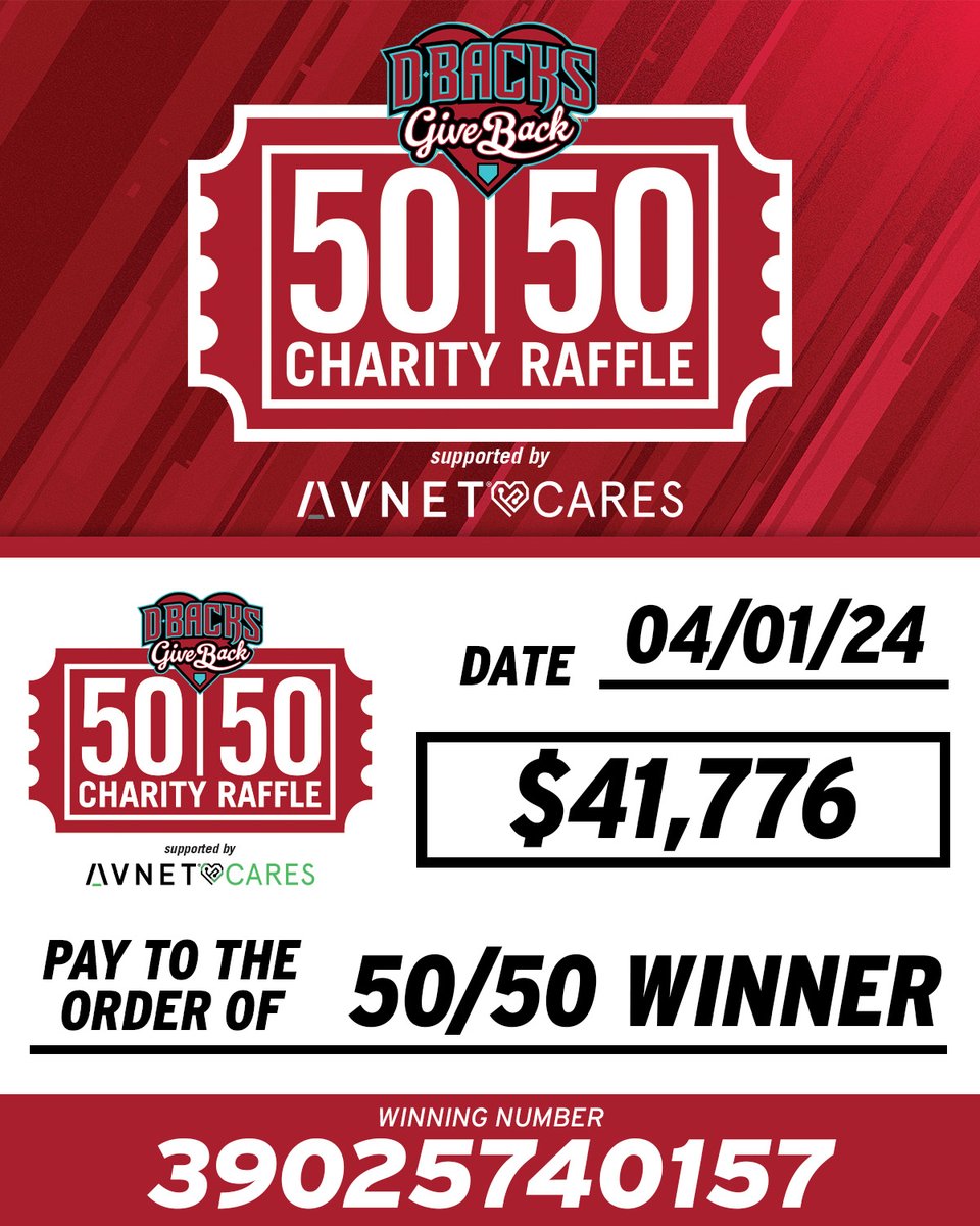 Tonight's winning info for the #DbacksGiveBack 50/50 Raffle supported by @Avnet Cares! Thank you for support Arizona youth sports!