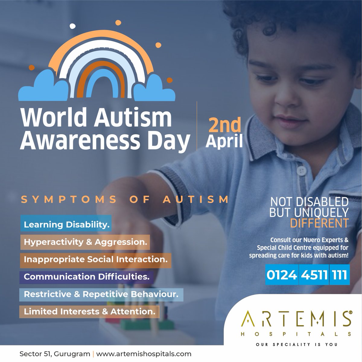On this World Autism Awareness Day, Let's foster understanding and support for individuals with autism spectrum disorder. #WorldAutismAwarenessDay #AutismSymptoms #ArtemisCares #UnderstandingAutism #AcceptanceMatters #ArtemisHospitals