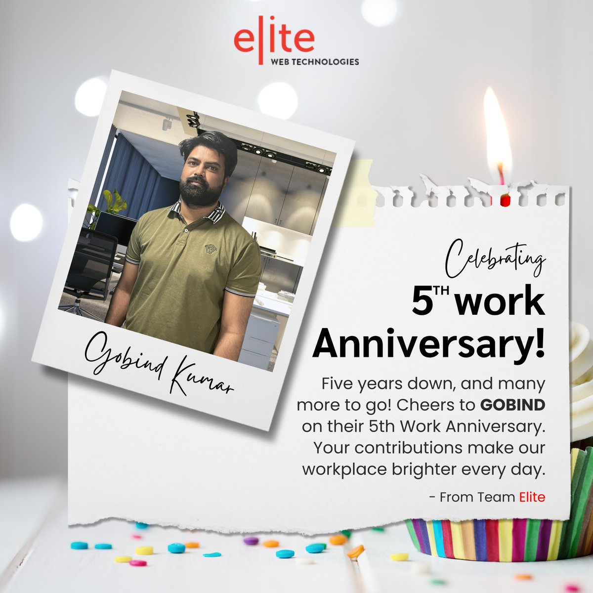 EliteWebTech's tweet image. 🎉 Five years of dedication, excellence, and milestones! Join us in celebrating Gobind's 5th Work Anniversary. Thank you for your hard work and commitment to our team. Here's to many more years of success together! 🥳🎉
#WorkAnniversary #FiveYearsStrong