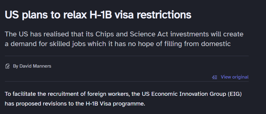 TechNewsGen's tweet photo. This should piss off every #American.
A massive slap in the face to the thousands of laid off, displaced & outsourced since #JoeBiden took office.
Take & Spend US Tax Payer money & then give away American jobs. Screw you @JoeBiden
#H1B #Bidenomics #Chipact #ChuckSchumer https://t.co/eBqAggzrSG