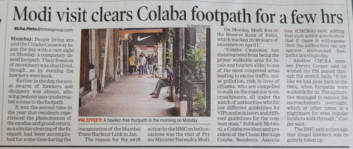 'Amazed at how swiftly @mybmc cleared the Colaba footpath for Modi Ji's visit! 🚀 If encroachments can vanish overnight, why can't this be a permanent fix?🤔 Citizens deserve clean, accessible walkways every day,not just for high-profile visits! #Mumbai #ModiVisit #CleanWalkways'