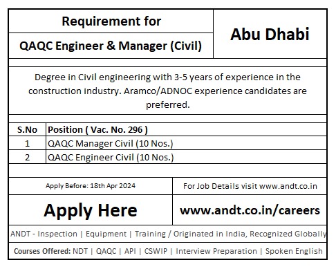 Abu Dhabi Job Opportunity!
Urgent Requirement.
Apply before 18th March, 2024
#Abudhabijobs #andt #ndt #QCJobs #mechanicalengineering #gulfExperience #JobOpening #EngineeringCareers #ApplyNow
