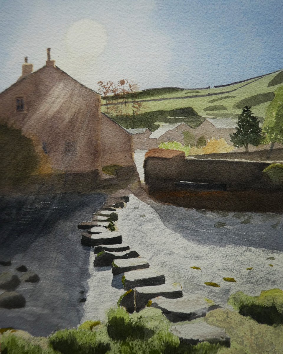 Sun on Stainforth’s stepping stones, in watercolour