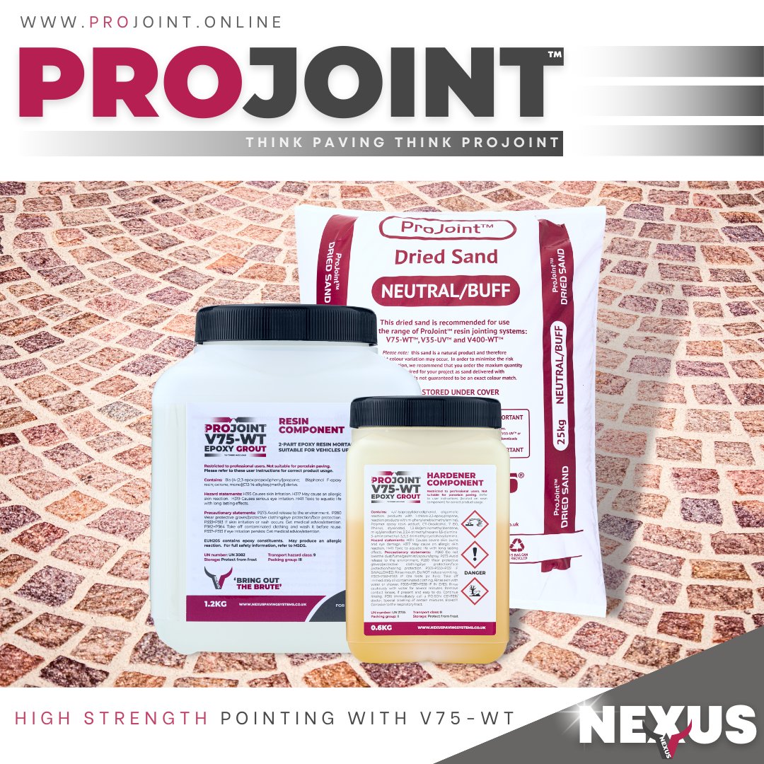 NexusProSystems's tweet photo. Jointing with up to 7.5 tonne vehicular load resistance. Choose ProJoint V75 to get the job done! Easy installation with excellent flowability. Discover more today: call 01937 858000. #v75 #projointv75 #nexus #jointing #blockpaving https://t.co/5nB8jIByya