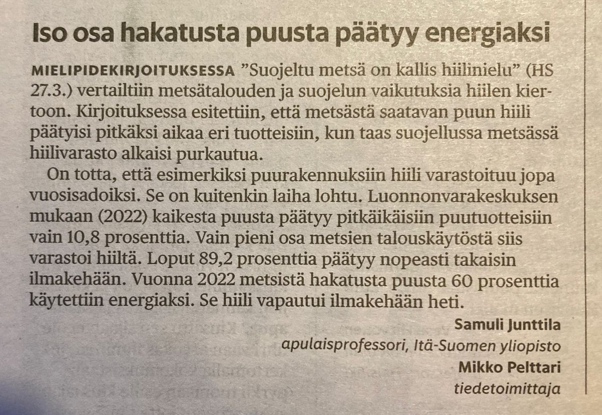 Fakta, jonka jokaisen suomalaisen tulisi tietää: vain 10% metsistä hakatusta puusta päätyy pitkäikäisiin puutuotteisiin ja varastoi näin hiiltä. Suurin osa päätyy energiaksi. Vastineemme @hsfi mielipiteeseen (27.3.), jossa esitetään toisin. @UniEastFinland @UNITEflagship