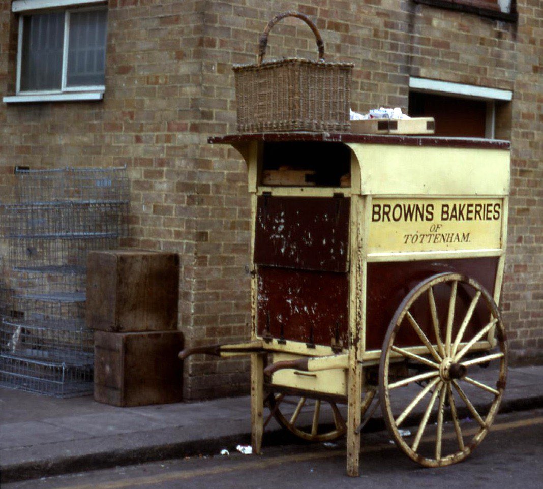 A hand pushed delivery cart owned by Browns Bakeries of Philip Lane, Tottenham, February 1973