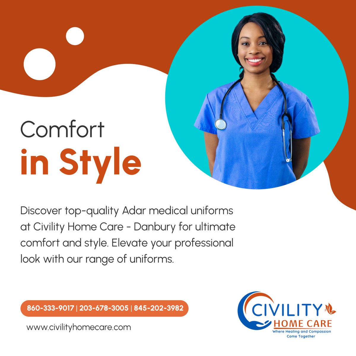 Elevate your professional style with Adar medical uniforms from Civility Home Care - Danbury. 

Stay comfortable and fashionable while serving your patients' needs. 

#MedicalUniforms #HealthcareFashion #BrewsterNY #HomeCareAndMedicalSupplies #Scrubs