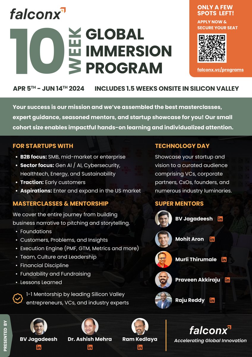 FalconXGateway's tweet image. ⏳Just 2 days left!
Over the span of 10 weeks, we will offer masterclasses and personalized mentorship sessions facilitated by prominent Silicon Valley entrepreneurs, VCs, and industry experts.
The application deadline is April 3rd 2024.
Program Details: falconx.vc/programs/