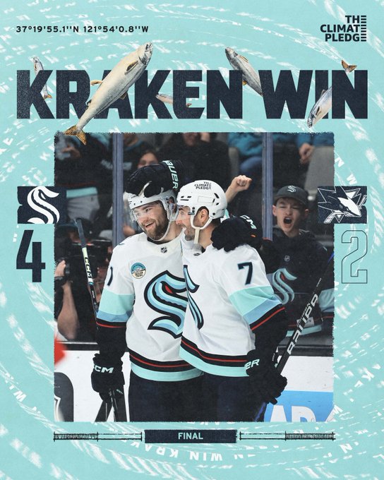 kraken win graphic with photo of Wright and Eberle celebrating a goal kraken: 4 sharks: 2