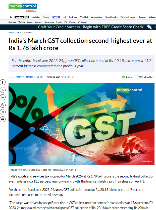 abhishekrajaram's tweet photo. India's March GST collection second-highest ever at Rs 1.78 lakh crore
#IndiaGST #TaxRevenue #MarchCollection #EconomicNews https://t.co/jfSlQciNKN