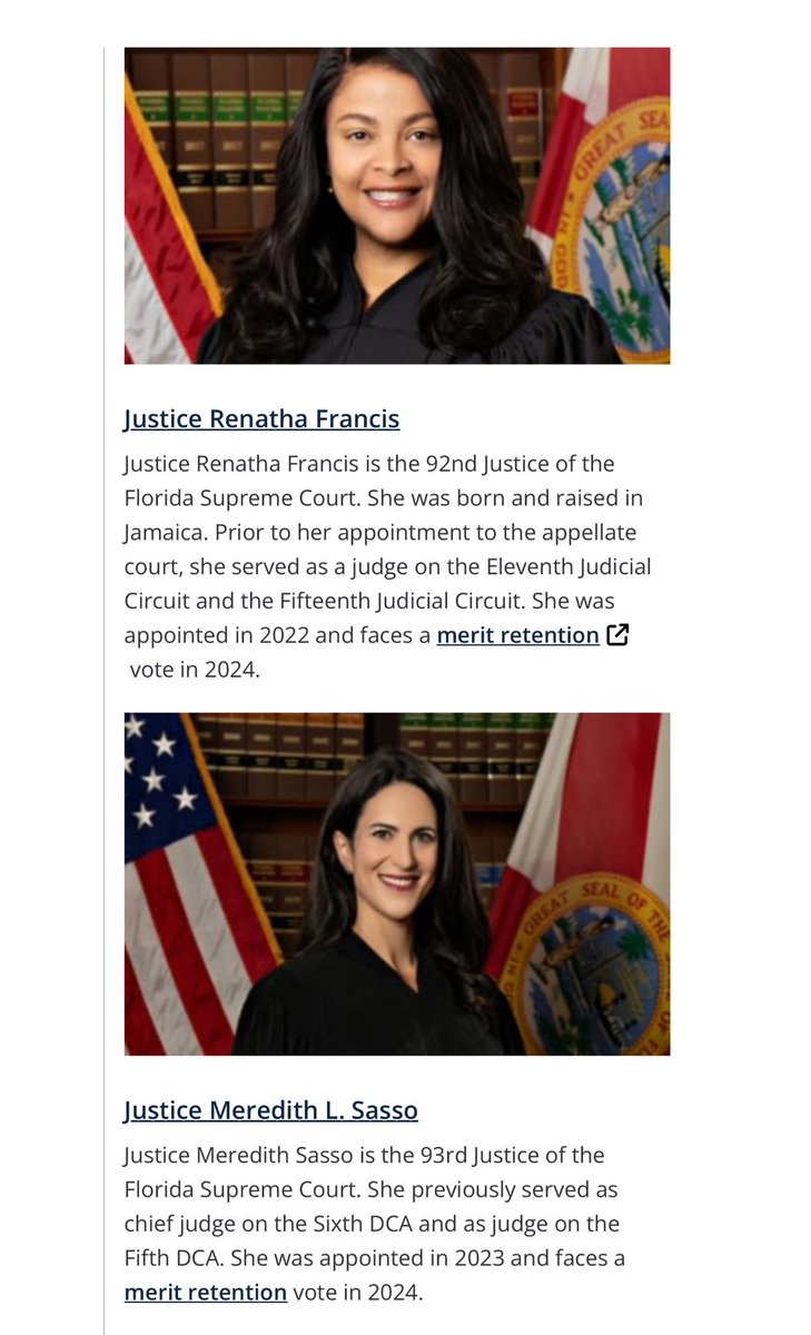 In November there will be two FL Supreme Court (@flcourts) justices on the ballot - Justice Renatha Francis and Justice Meredith Sasso. They were both recently appointed to the court by Governor DeSantis, so voters will now decide if they should remain on the court. 1/x