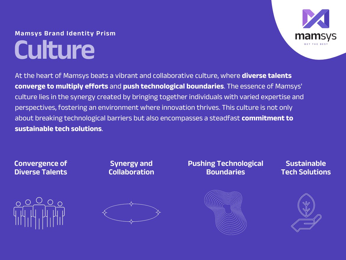mamsysworld's tweet photo. Introducing the third facet of #Mamsys' Brand Identity Prism β Culture! Rooted in adaptability, sustainability, and diversity, our culture is the heartbeat of innovation. Join us in a dynamic environment where ideas flourish, & solutions evolve. π #BrandCulture #InnovationHub https://t.co/1jmMRHEl3a