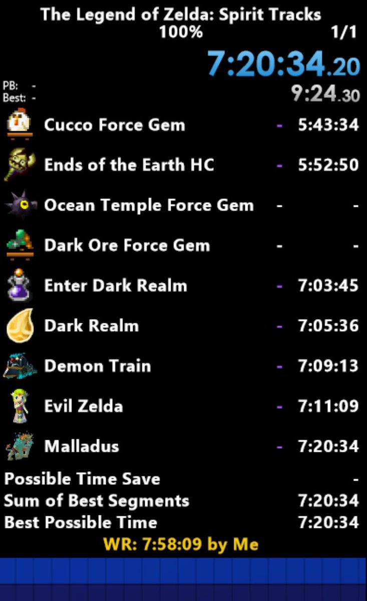 jasnix08's tweet photo. New Spirit Tracks 100% World Record! This run was my first attempt back at the category after 3 years of inactivity, so most of the time save was from route changes/discoveries. Gameplay was fairly poor, though there is plenty of time to shake off the rust. Sub 7 is very soon! https://t.co/Xitcp7axtd