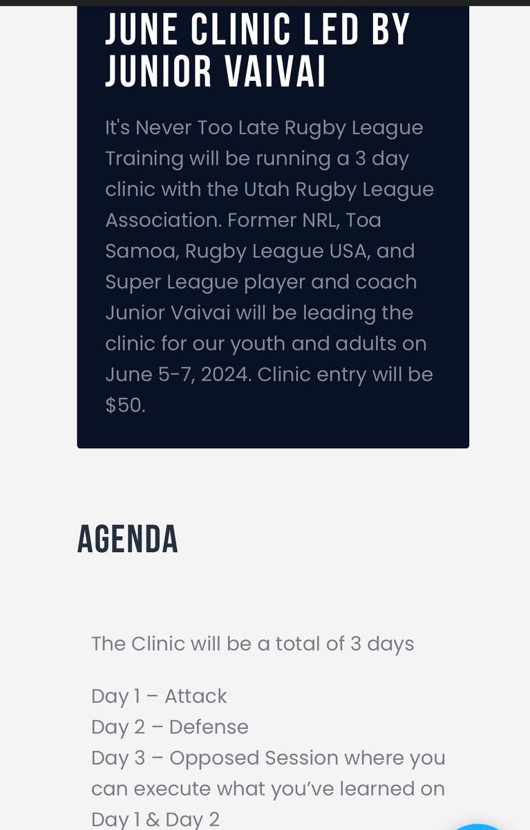 Time to sign up for the Rugby League clinic with the EX <a href="/NRL/">NRL</a> <a href="/SuperLeague/">Betfred Super League</a> and <a href="/USARugbyLeague/">USA Rugby League</a> player Junior Vaivai. Junior Vaivai will be in Utah on July 5-7 working with the youth! #rugbyleagueclinic #utahrugbyleague #itsnevertoolate #juniorvaivai 

utahrla.com/intl-clinic/