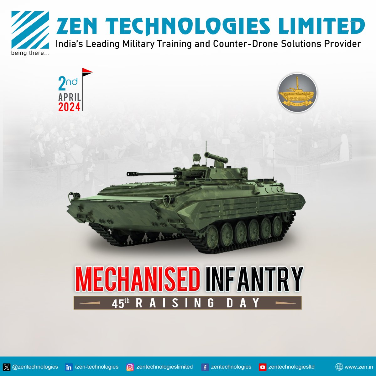 ZenTechnologies's tweet photo. @ZenTechnologies conveys best wishes to All Ranks, Veterans, and Families of the Mechanised Infantry Regiment on their 45th #RaisingDay. Your unwavering dedication and valor are the backbone of our nation's defense. #MechInfantry #SaluteToService 🎖️🇮🇳

@DefenceMinIndia @adgpi @artrac_ia
