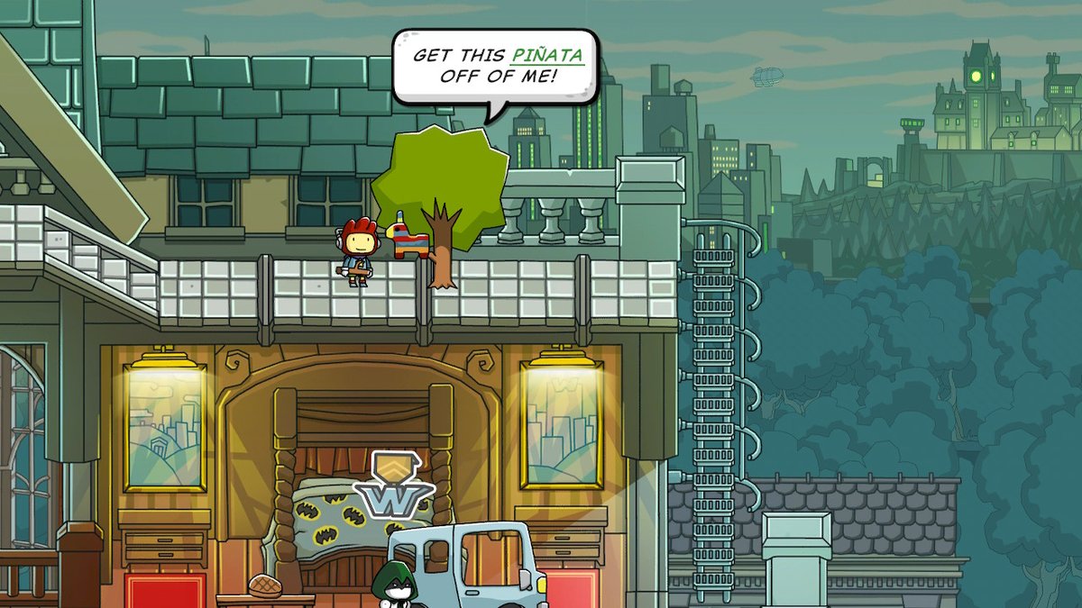 MegaMike64's tweet photo. Whacking a piñata on the roof of Bat... I mean, Bruce Wayne's estate. #ScribblenautsUnmasked #ScribblenautsMegaPack #NintendoSwitch https://t.co/ebupoeuVT4