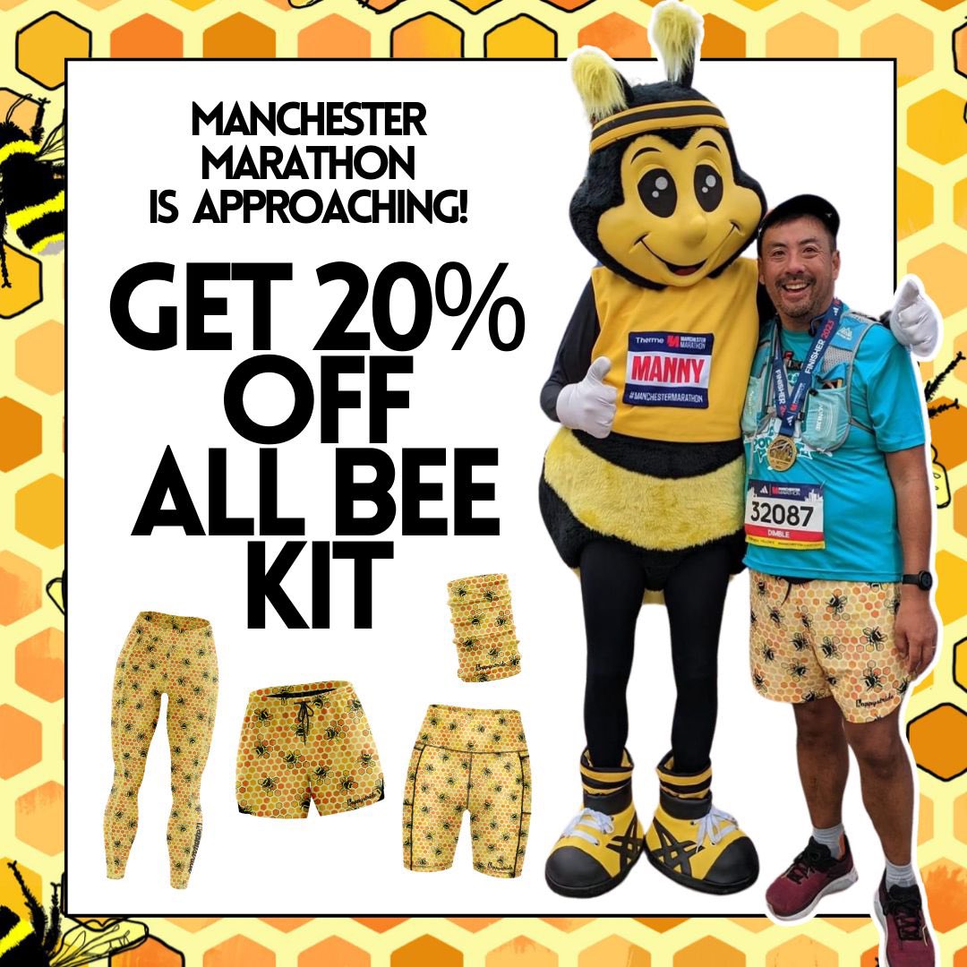 How cool would it bee to run in bee shorts/leggings in the Manchester Marathon! 🐝 🐝 🐝 Did you know that the worker bee is one of the best-known symbols of Manchester So we thought it was only fair to offer 20% off all of our “bee yourself” kit TODAY only 🐝 with code: Bee20.