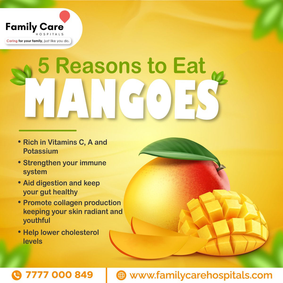Did you know? The body is naturally alkalized by mangoes. This fruit of summer contributes to the body's ability to maintain a healthy alkaline level by containing tartaric, malic, and minor amounts of citric acid. 

#FamilyCareHospitals #benefitsofmango #seasonalfruit