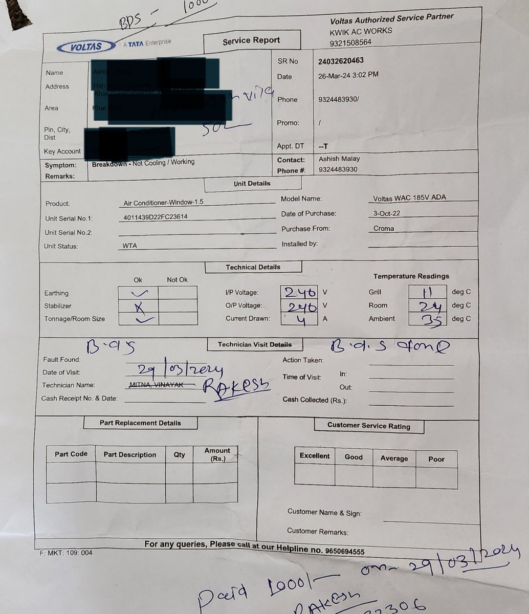 ashchaks's tweet photo. @myvoltas Yes my issue has been satisfactorily resolved. But I was provided with a handwritten receipt for the payment of Rs 1000 made by me, with no break up or gst details mentioned. https://t.co/d6qxVRtecQ