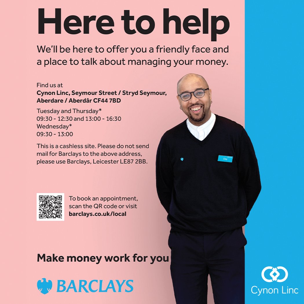 Barclays Local will be opening at Cynon Linc on Thurs 11th April. Speak to the team in person about managing your money, learn how to bank with the app and get help with online transactions that don’t involve cash. Book here... events.uk.barclays/local #BarclaysLocal