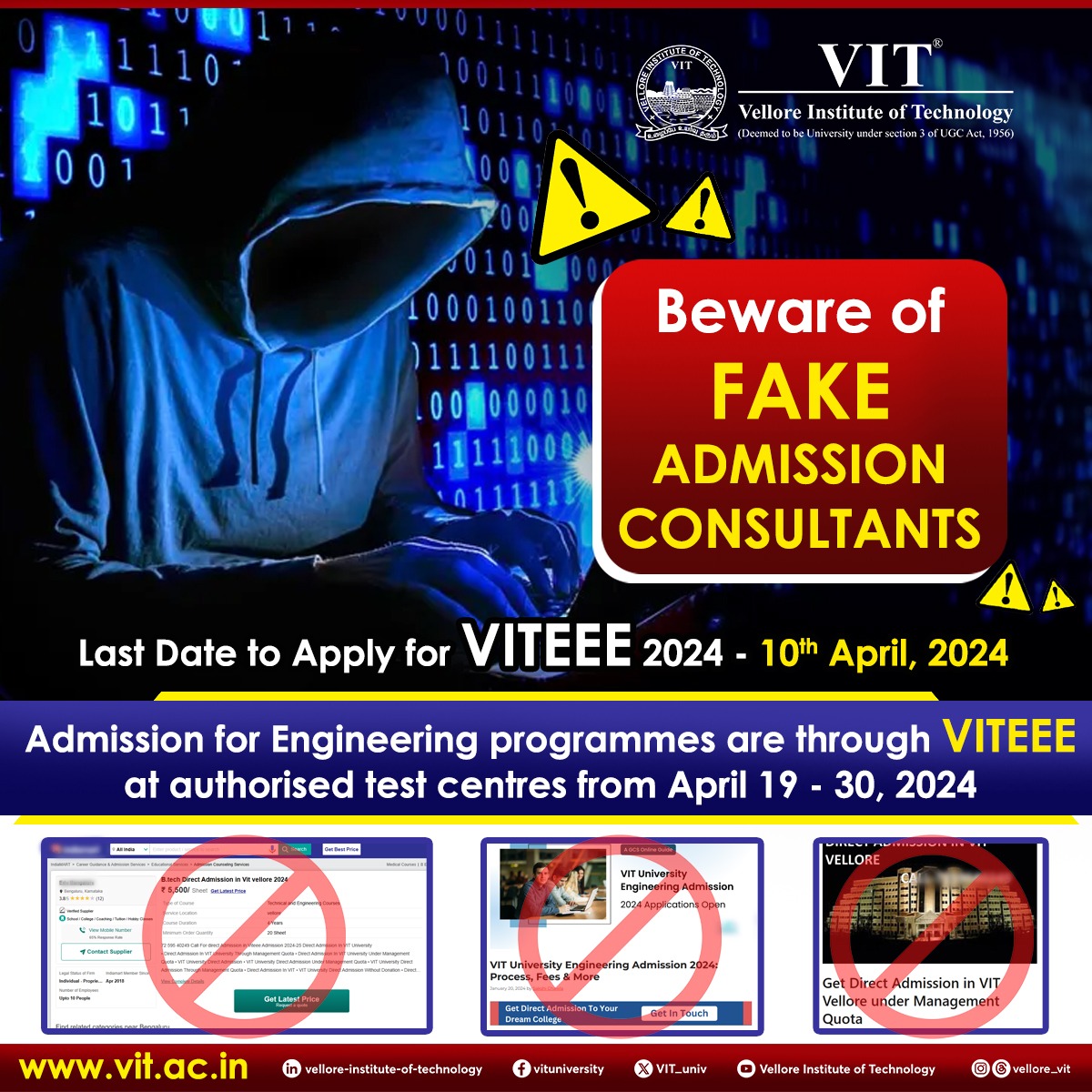 Beware of fraudulent admissions consultants and agents! We value your hard-earned money and trust. We strongly urge the parents & students not to believe any third-party intermediaries for admissions purposes.
#VIT #VITAdmissions #VITEEE #VITEEE2024 #AdmissionsAtVIT #FakeWebsites