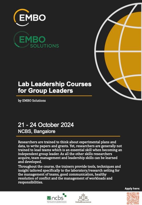 Attention lab leaders! Applications are now open for a 4-day in-person course on Laboratory Leadership for Group Leaders. 👩‍🔬 👨‍🔬 📍 @IISERPune, 15-18 October 2024 📍 @NCBS_Bangalore, 21-24 October 2024 ⌛ Application deadline: 30 April 2024 bit.ly/ibsEMBOLL