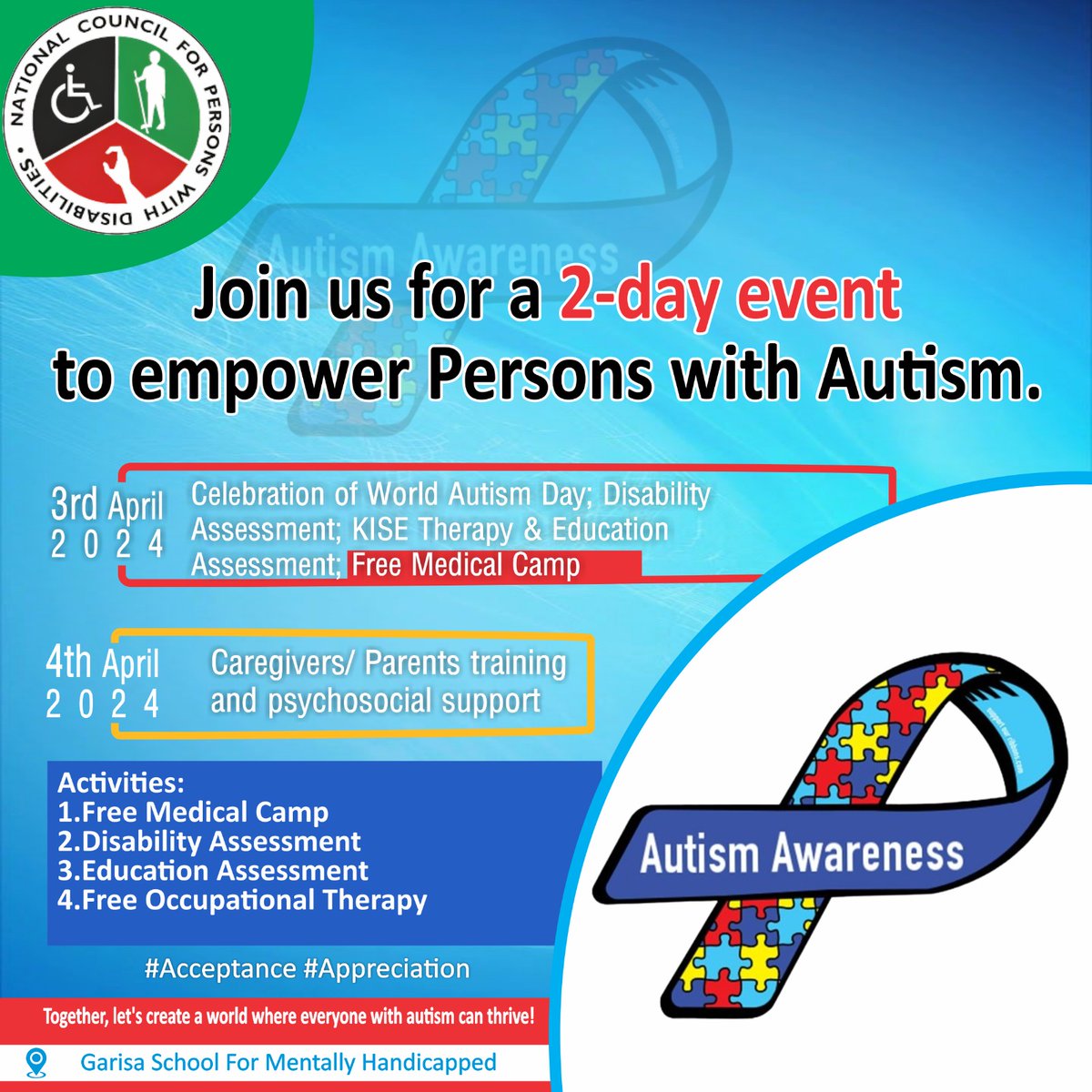 𝖶𝗈𝗋𝗅𝖽 𝖠𝗎𝗍𝗂𝗌𝗆 𝖠𝗐𝖺𝗋𝖾𝗇𝖾𝗌𝗌 𝖬𝗈𝗇𝗍𝗁. @Ncpwds & stakeholders commemorate #AutismAwarenessMonth @Garissacounty This year's theme: 'Moving from Surviving to Thriving.' #Acceptance #appreciation