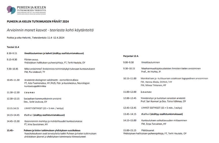 Tänään 2.4. viimeinen päivä ilmoittautua Puheen ja kielen tutkimuksen päiville, jotka järjestetään ensi viikolla 11-12.4 Tieteiden talolla. puhejakieli.fi/tapahtumat/puh…