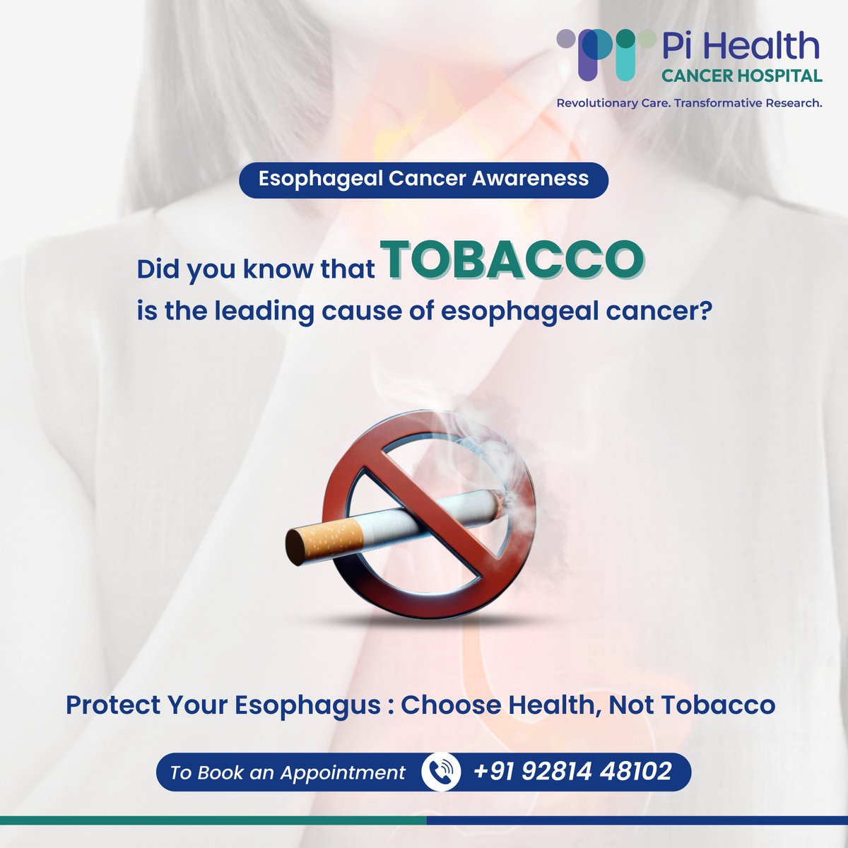 Esophageal cancer, a grave ailment impacting the esophageal tube, is closely associated with several risk factors
Primarily, tobacco use stands as the foremost cause of this disease. 

#EsophagealCancerAwarenessMonth #QuitSmoking #april #pihealthcancerhospital