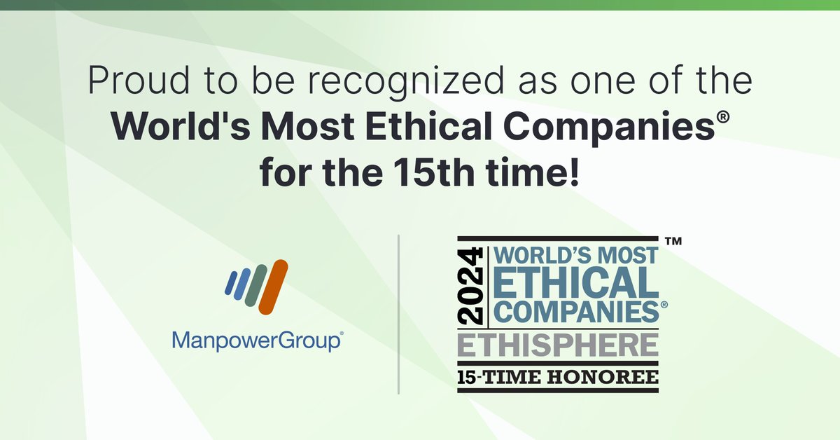 ManpowerGroup is honored to be named one of the #WorldsMostEthicalCompanies by @ethisphere ! 30K+ people around the globe help drive our commitment to #EthicalBusiness and #Sustainability forward every day.

Learn more about our #ESG strategy: manpowergroup.co.in/social-respons…