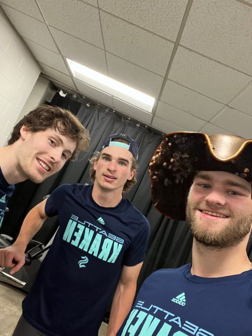 Wright selfie with Kartye and Winterton, Davy jones hat photoshopped on Wright