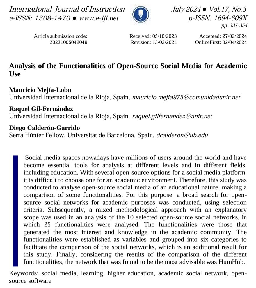 Por si a alguien le interesa, aquí tenéis el enlace a nuestro último artículo publicado: 'Analysis of the functionalities of open-source social media for academic use' e-iji.net/dosyalar/iji_2… @ire_ub @EsbrinaRecerca