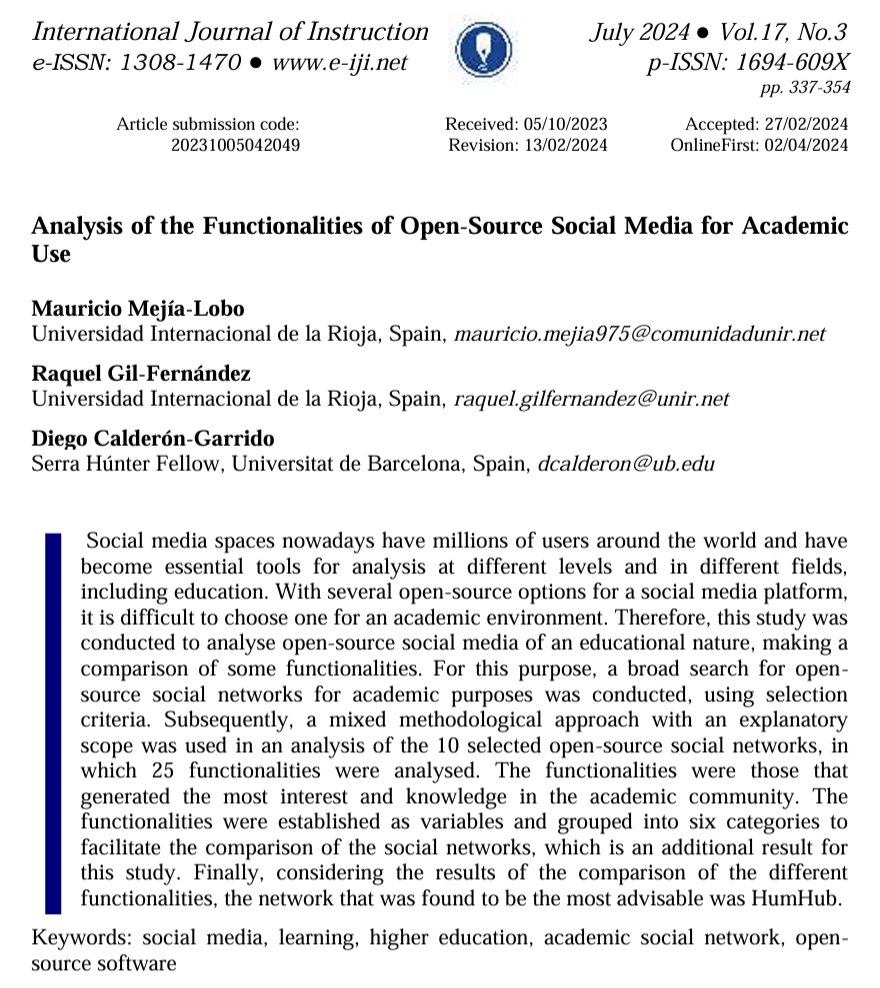 Por si a alguien le interesa, aquí tenéis el enlace a nuestro último artículo publicado: "Analysis of the functionalities of open-source social media for academic use" e-iji.net/dosyalar/iji_2…
<a href="/ire_ub/">IREUB</a>
@EsbrinaRecerca